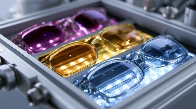 Medium shot of a UV resistance testing station with lenses exposed to continuous intense light highlighting the durability and colorfastness of optical materials.
