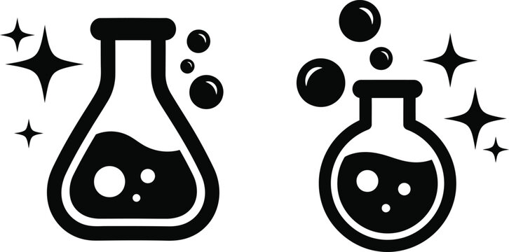 Science experiment icons flasks with bubbles silhouette isolated on transparent background
