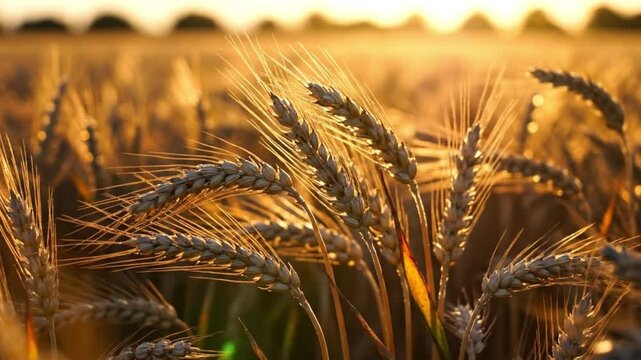 Golden wheat stalks swaying in a rural agricultural field during sunset light representing organic food production and harvest season abundance