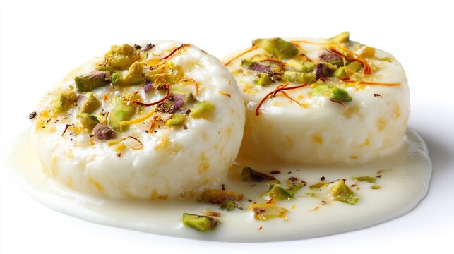Close-up of two soft ras malai cheese discs with creamy milk sauce, crushed pistachios, and saffron strands isolated on a white background