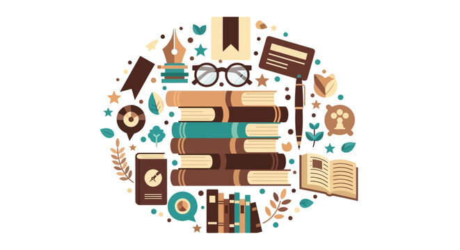 Flat Vector Illustration of a Stack of Books with Stationery and Educational Icons in a Circular Composition