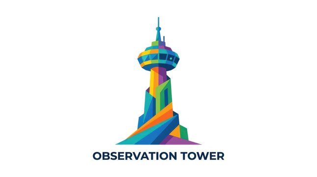 Colorful low poly observation tower logo icon representing modern architectural design.