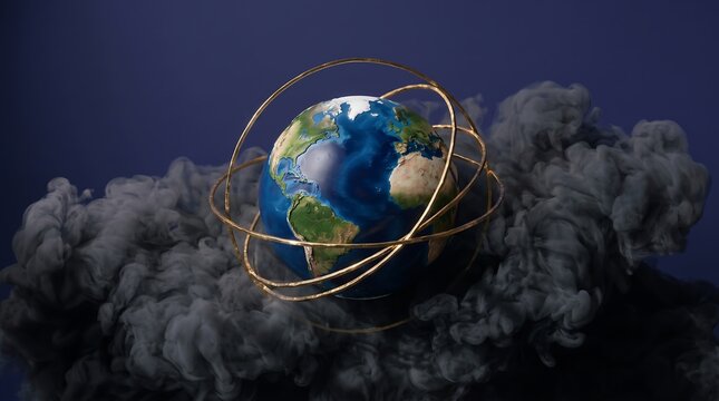 Planet Earth with Golden Rings Surrounded by Dark Smoke