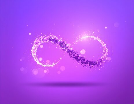 Shimmering purple infinity symbol formed by luminous particles on a gradient background