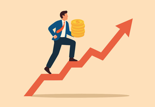 Increase revenue, income or investment profit, growing income or wealth, growth chart diagram or savings and investment return concept, businessman carry money coin stack walk up growth graph diagram
