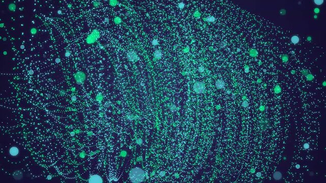Swirling green particles flowing in dark space to represent scientific data movement and connectivity across nodes