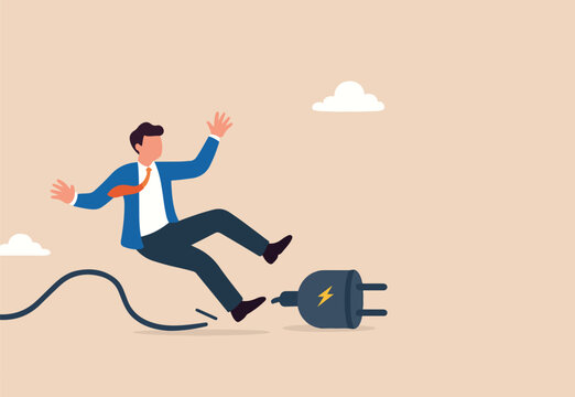 Failure or mistake, accident or surprise problem that impact business concept, clumsy businessman stumble with power cable electric plug falling on the floor