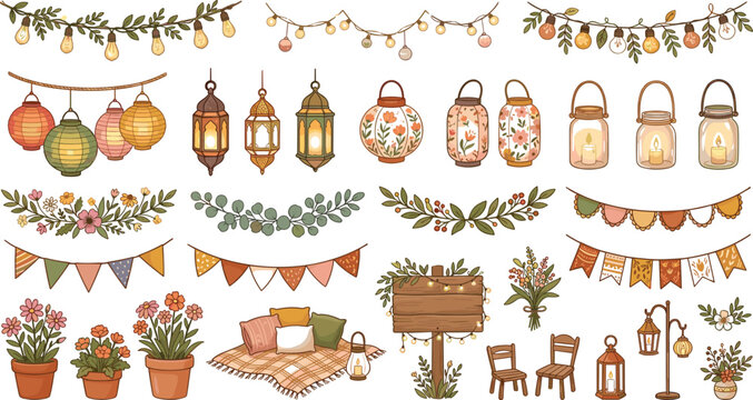 Cozy garden party festive decoration element set featuring rustic lanterns string lights floral garlands picnic bunting and wooden signage for summer event invitation design