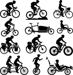 Obraz premium Vector illustrations of cyclists in silhouette showing various types of bicycles and riding styles on transparent background.
