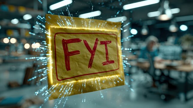 A sticky note with "FYI" written on it is attached to a glass surface with blur office background and light effects around the note.