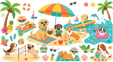 Fototapeta premium Cute Cartoon Dogs Enjoying Summer Beach Vacation with Parasol and Surfboard Illustration for Children Book and Birthday Party Decoration