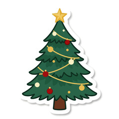 Fototapeta premium Festive green Christmas tree illustration with gold star topper and red and yellow ornaments decorated with glowing garlands on a plain white background for holiday design