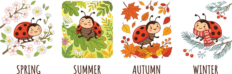 Cute cartoon ladybug four seasons vector illustration set showing spring summer autumn and winter for children education school posters and calendar design © AdhinChandra