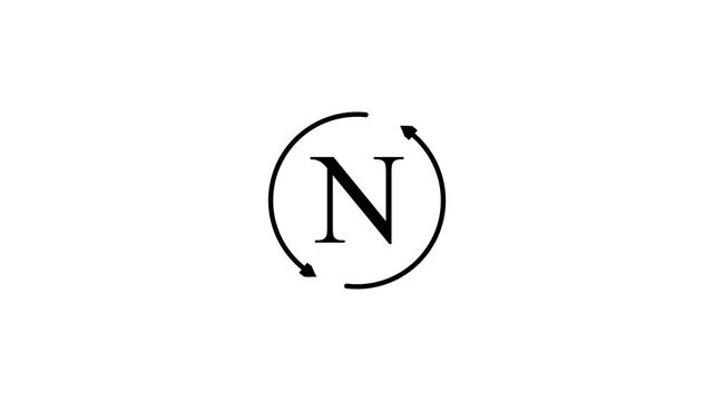 Minimalist animated nitrogen chemical symbol n spinning in a circular motion isolated on white
