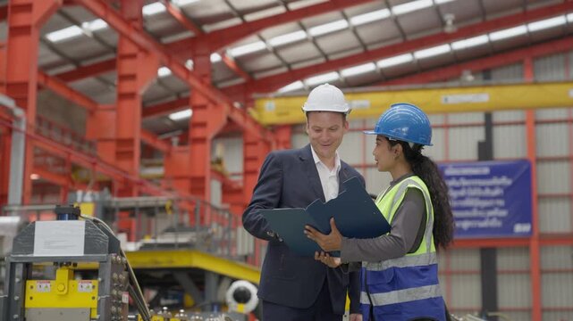 Man manager owner with Asian woman engineer checking and inspecting production workflow machinery looking at data report documents in industrial factory.