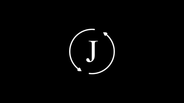 Minimalist black background reveal animation with sleek white letter j and smooth circular motion