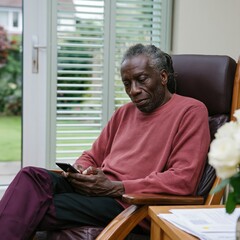 Fototapeta premium Elderly man in armchair using smartphone in bright living room for home lifestyle background and everyday technology scene
