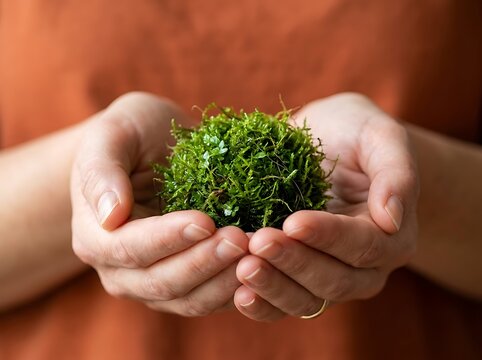 Closeup view of hands gently holding fresh green moss symbolizing nature and environmental care