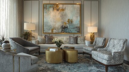 Fototapeta premium Elegant and Modern Living Room with Artwork, Stylish Furniture, and Warm Lighting in Contemporary Interior Design