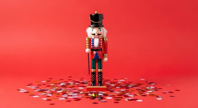 Classic wooden nutcracker soldiers stand elegantly amidst shiny metallic confetti scattered across a vibrant and festive red backdrop, figurine, christmas, sparkling