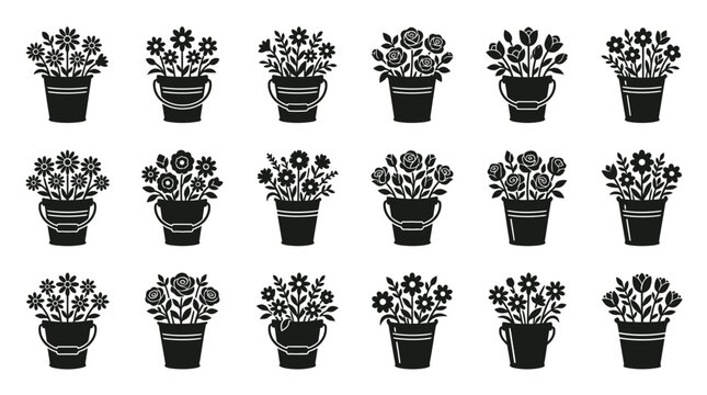 Illustration of multiple bucket bunga flower pots with various blooms