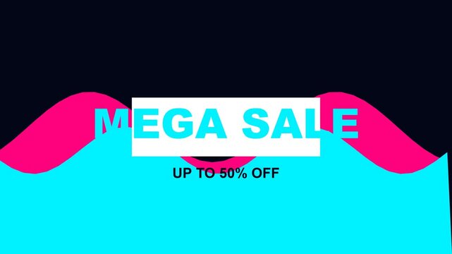 Bright neon wave pattern promotion banner featuring mega sale text with fifty percent discount offer announcement