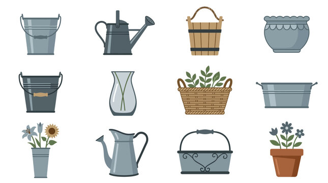 A collection of gardening tools and buckets bunga filled with plants and flowers.