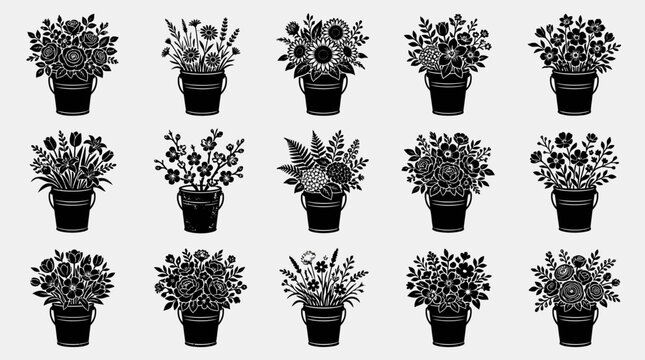 Bucket filled with various bunga flowers in pots on a table indoors