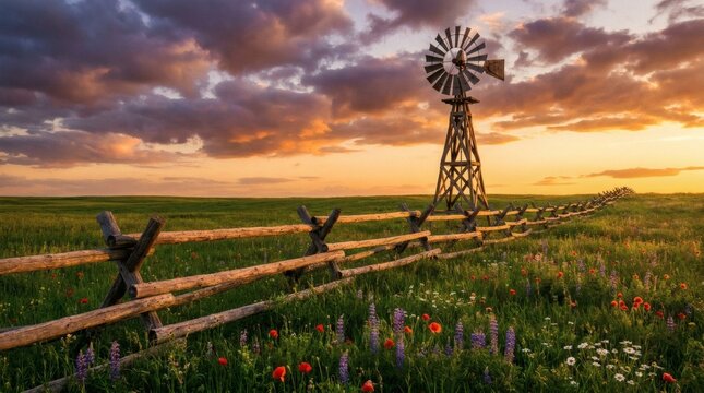 Vibrant Sunset over a Rural Field with Wildflowers, a Rustic Split Rail Fence, and an Old Windmill