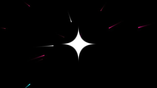 Bright white four point star shape flashing with colorful light rays emanating from center point