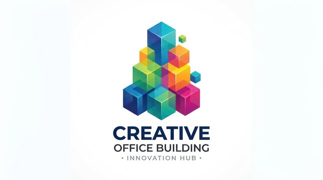 Modern creative office building logo design featuring isometric colorful 3d cube blocks.