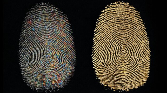 Two fingerprint images, one with vibrant colors, the other in gold, set against a stark black background