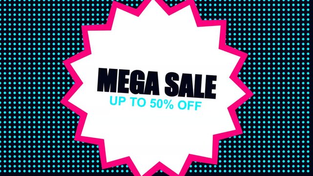 Bright pink starburst badge advertising a mega sale with fifty percent discount on dark dotted texture