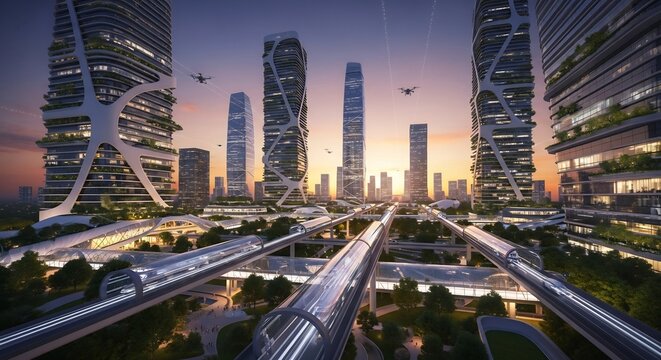 Elevated maglev train system in a futuristic city at sunset with glowing towers.