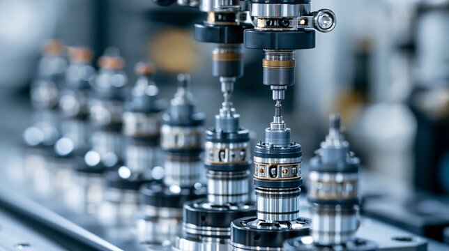 Highdetail medium shot featuring direct injection fuel injector parts being carefully aligned and secured capturing the intricate design and advanced technology in a clean
