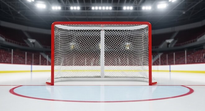 Empty ice hockey goal on a clean rink in a brightly lit professional indoor arena