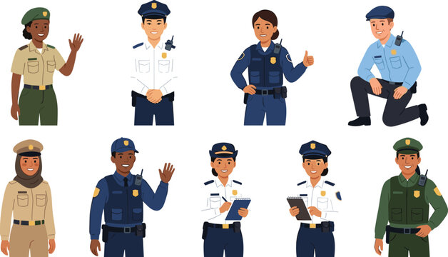 Diverse police officers and security guards cartoon vector characters in uniform for law enforcement recruitment website and occupational presentation design