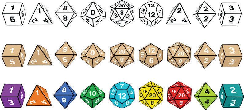 Polyhedral Dice Vector Icon Set with D20 D12 D10 D8 D6 and D4 for Tabletop RPG Board Game Graphic Designs