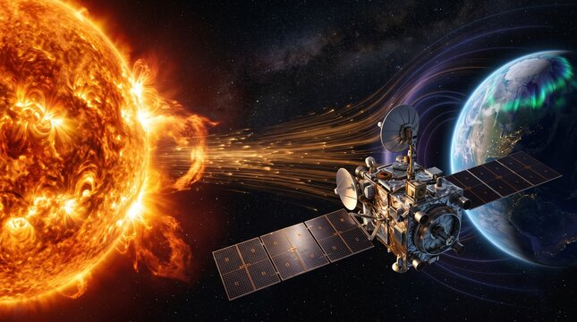 Spacecraft monitoring solar storm near Earth. Satellite tracking sun's coronal mass ejection.