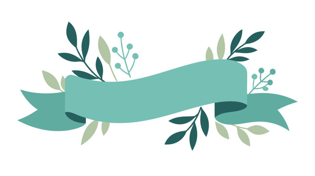 Elegant teal ribbon banner vector with flowing folded shape, botanical leaves and berry accents, fresh decorative frame for invitations, labels, wedding stationery, logos and spring branding