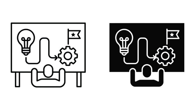 Idea to implementation process icon with lightbulb gear and goal flag, strategy