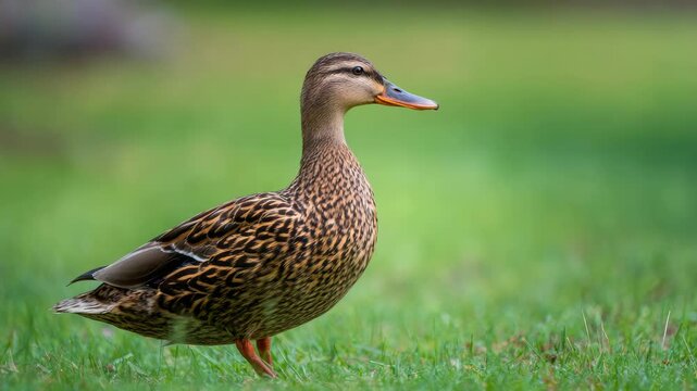 Brown duck stands on green grass. Feathers show natural mottled pattern. Soft focus background enhances subject. Duck looks alert and calm. Grass blades show gentle texture