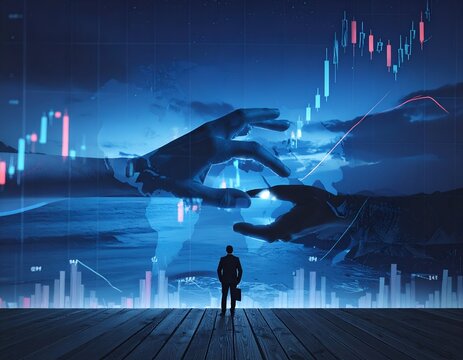 Silhouette of person facing huge hands with stock chart overlay, blue tone