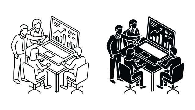 Corporate team working on isometric data analytics dashboard with business intel