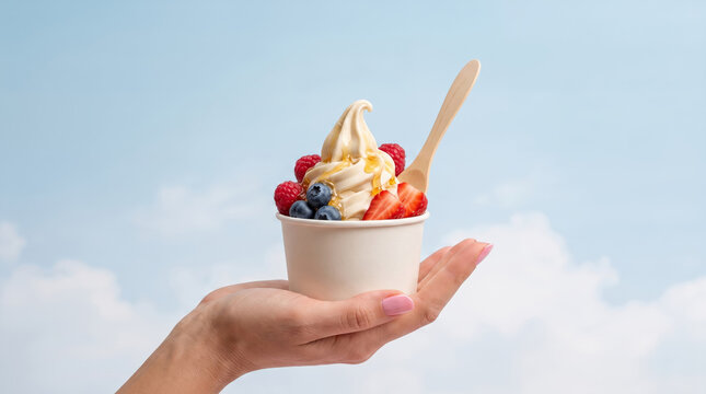 Hand holding a cup of frozen yogurt with berries and honey against a soft cloud sky, perfect for healthy summer dessert advertising layouts.