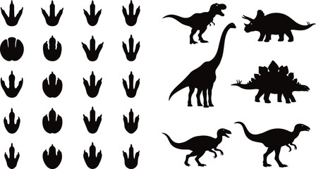 Dinosaur silhouettes with footprints showing prehistoric fossils, extinct species, paleontology evidence, and natural history design © MSTESMOTARA