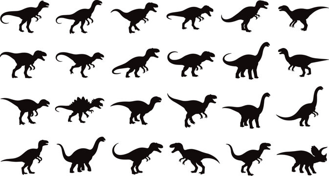 Dinosaur silhouettes showing prehistoric species, extinct animals, fossil icons, paleontology design, evolution history, and natural science