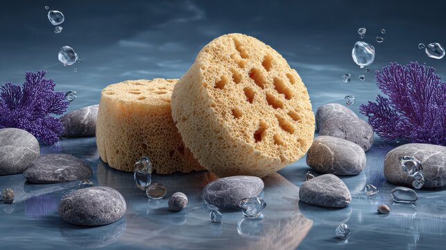 sponge background image with water droplets and stones featuring natural, texture, porous