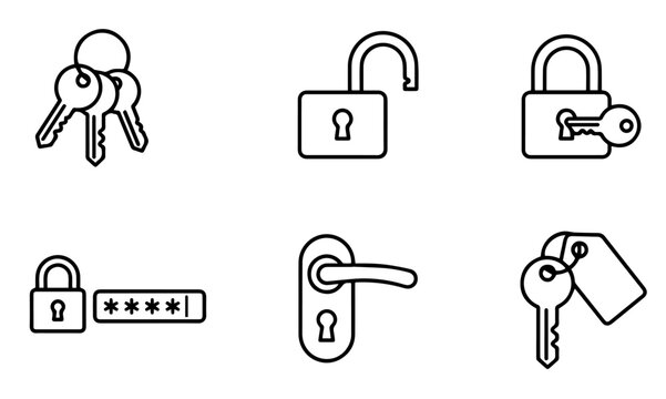 Lock and key line icon set security password handle outline vector