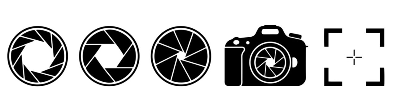 Camera shutter icon set photography aperture lens silhouette vector